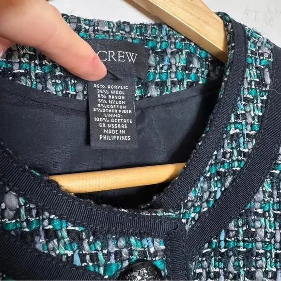 J.CREW Tweed Fanfare Peacock Cropped Blazer Jacket Green Black Size 0 - Picture 5 of 6